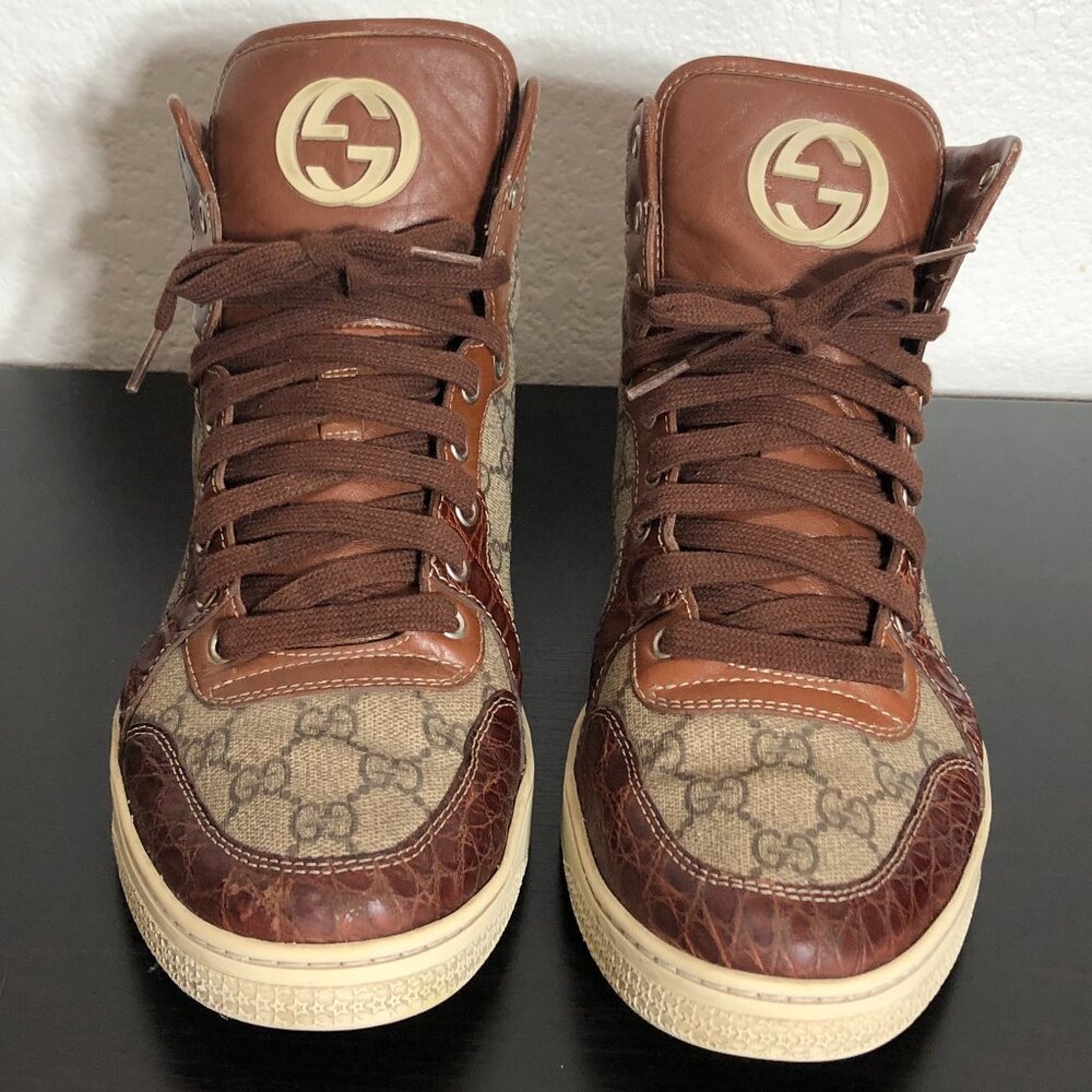 Gucci 224778 GG Imprime High Top Authentic Brown Crocodile Trim Canvas Men’s 8.5